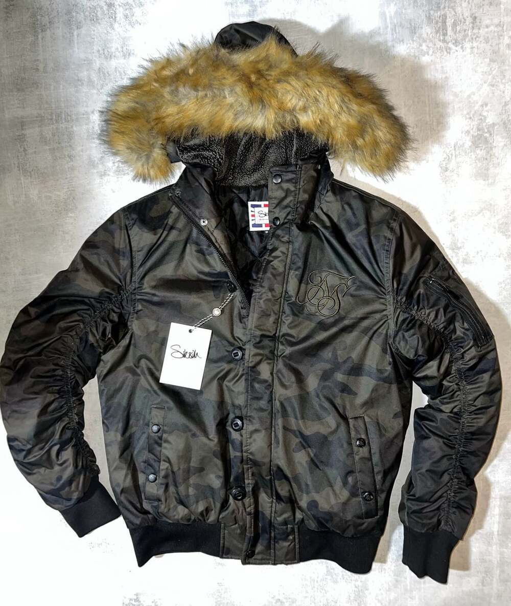 SikSilk Men's Camo Bomber Jacket with Faux Fur Hood Size M
